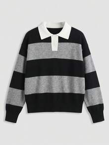 Just Masa Women's Fall Casual Colorblock POLO Collar Sweater Pullover,Long Sleeve Loose Preppy Simple Basic Rib-Knit Top,For Halloween,Christmas,Daily - Black and Gray Stripes - View 3