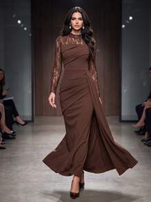 Women's Lace Patchwork Pleated Waist Elegant Evening Gown Wedding Dress - Coffee Brown - View 1