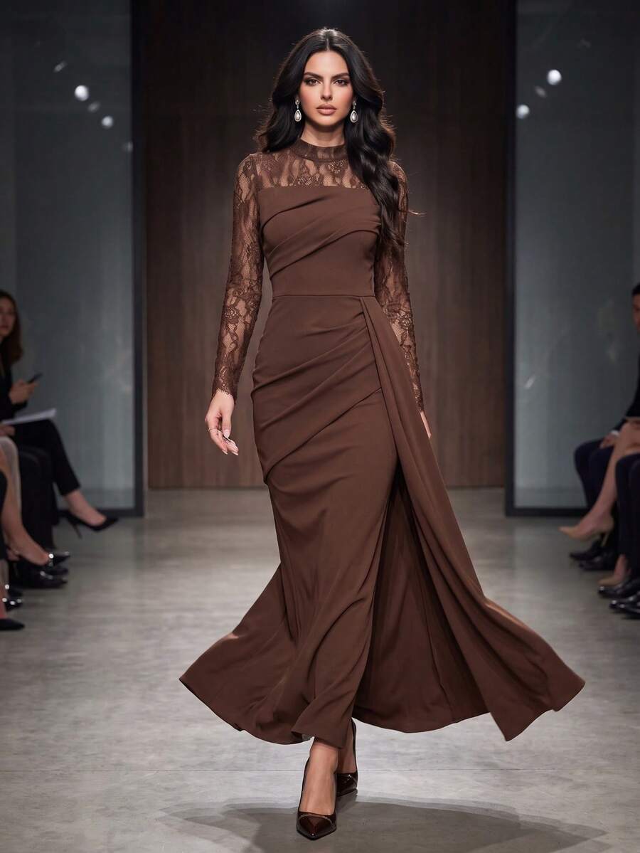 Women's Lace Patchwork Pleated Waist Elegant Evening Gown Wedding Dress - Coffee Brown - View 1