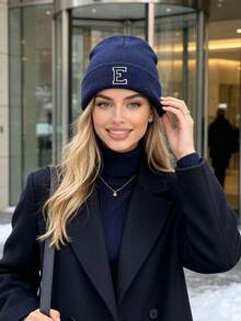 1pc Custom A-Z Embroidered Letter Ribbed Knit Beanie,Unisex Y2K Streetwear Aesthetic, Winter Warm Soft Outdoor Ski Commute Cap, Christmas New Year - Navy Blue - View 4