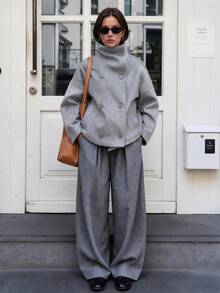 Women's Solid Color Vintage Double-Breasted Funnel Collar Coat, Long Sleeve Regular Fit Jacket, Suitable For Autumn/Winter Commuting - Light Grey - View 3