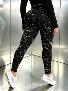 Legging Hitam Ukuran Plus Wanita, Celana Ketat Elastis Modis dengan Motif Percikan Warna-warni, Celana Yoga Pelangsing Pengangkat Bokong dan Pengontrol Perut, Cocok untuk Squat Dalam, Kebugaran, Aktivitas Luar Ruangan, Liburan, Perjalanan, Jalan Santai, Panjang 9/10 - MultiWarna - View 2