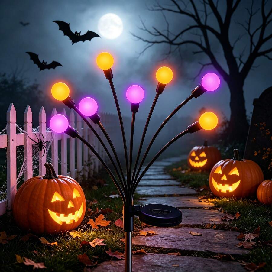 Halloween Decoration Solar Firefly Ground Light, Orange And Purple Dual Color, Suitable For Garden, Patio, Outdoor, Lawn, Party, With Light Sensor Switch, No Wiring Required, Outdoor Holiday Decorative Path Light - Halloween Firefly Design - View 1