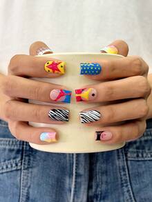 10pcs/Set Y2K Nails Handmade, Cute Nails, Pink Nails, Blue Nails, Black Stripe Nails & Stars Nails, Gradient Nails, Perfect For Parties & Daily Wear. Square Nails. Handmade Press On Nails Square, Fake Nails, Acrylic Nails, Handmade Nails, Fall Nails - Multicolor - View 2