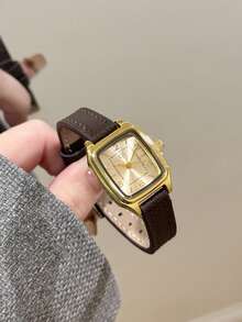 1 buah Jam Tangan Quartz Kopi Persegi Klasik, Dial Emas, Tali PU yang Dapat Diatur, Penanda Jam Campuran yang Indah, Cocok untuk Pemakaian Sehari-hari - Coffee Brown - View 6
