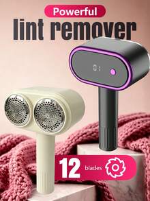 TOUCHBeauty 雙頭充電式布料除毛器 電子毛球修剪器，12片精鋼刀片，800mAh數位電池顯示，大容量毛球收集盒，3D曲面針織布料保護網，衣物除毛球器，防纏繞洗衣球，適用於毛衣、大衣、旅行 - A - 查看 1