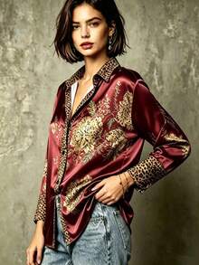 Plus Size Women's Vintage Random Print Leopard & Floral Satin Button-Up Shirt, Loose Casual Long Sleeve Top, Suitable For Daily Wear, Dating And Street Style - Burgundy - View 4