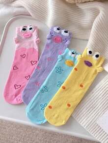 1/4 Pair Cute Funny 3D Cartoon Contrast Color Print Mid-Calf Socks - Multicolor - View 10