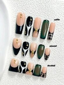 10片裝秋季前衛時尚手工穿戴甲，Polygel美甲套組，星星圖案，黑綠配色，酷感現代風，3種尺寸可選，杏仁/鴨嘴/棺材形，適合派對、跳舞、日常配戴（手工細節可能有所不同） - 彩色 - 查看 1