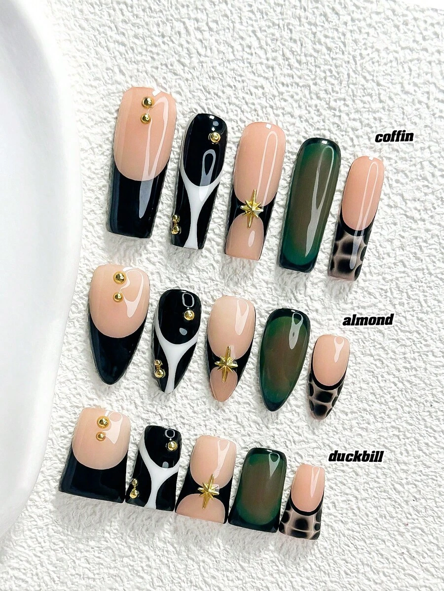 10片裝秋季前衛時尚手工穿戴甲，Polygel美甲套組，星星圖案，黑綠配色，酷感現代風，3種尺寸可選，杏仁/鴨嘴/棺材形，適合派對、跳舞、日常配戴（手工細節可能有所不同） - 彩色 - 查看 1
