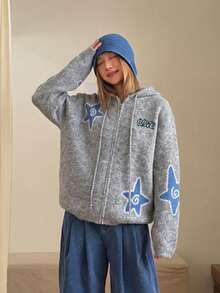 Women's American Retro Loose Fit Hooded Star Pattern Slouchy Cardigan Sweater Jacket, Casual Autumn/Winter Top - Grey - View 4