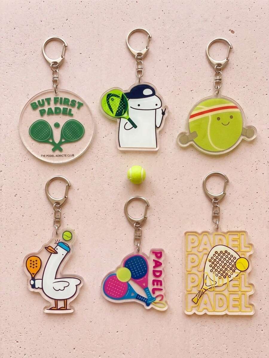 1/6pcs Cute Cartoon Padel Racket Tennis Acrylic Keychain, Fun Sports Style Flork Expression/Racket/Cute Duck Design, Padel Tennis Sports Bag Charm, Car Key Ring Accessory, Ideal Gift For Tennis Players, Sports Enthusiasts, Friends - Multicolor - View 1