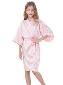 Girls' Comfortable Soft Japanese Style Small V-Neck 3/4 Sleeve Solid Color With Belt Knee-Length Nightgown, Loungewear, Morning Robe - Baby Pink - View 4