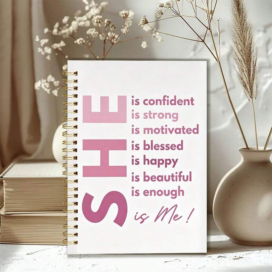 1本 14*21cm 螺旋裝訂筆記本,SHE Is Confident Strong Beautiful Is Me 勵志語錄印花軟封面日記本,橫線書寫本,適合學校、辦公室日常記錄,女性禮物 - 款式B - 查看 1