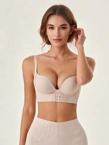 Lilivine Women's Seamless Push-Up Bra, Strong Lift, Wire-Free For Large Bust, Makes Bust Look Smaller, Back Button, Anti-Sagging, Comfy - Apricot - View 1
