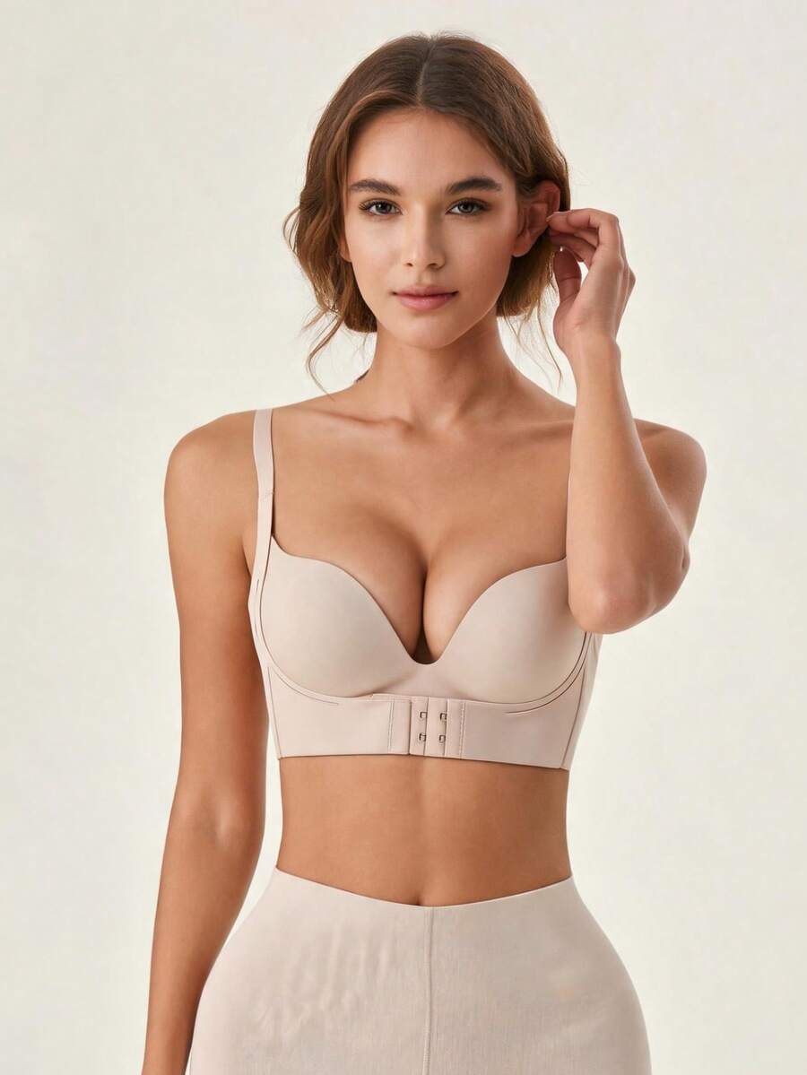 Lilivine Women's Seamless Push-Up Bra, Strong Lift, Wire-Free For Large Bust, Makes Bust Look Smaller, Back Button, Anti-Sagging, Comfy - Apricot - View 1