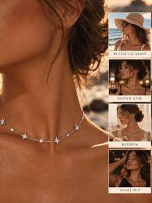 outingfit 1pc Women's Starry Rhinestone Necklace, Delicate Sparkling Collarbone Chain, Suitable For Dates, Weddings, Parties And Daily Wear - Silver - View 5