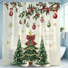 1pc Christmas Tree & Christmas Ball Shower Curtain, Vintage Design, Waterproof Bath Curtain, Suitable For Bathtub Partition, Bathroom Decor And Bathroom Accessories, Home Decor Gift, Includes 12 Hooks - Multicolor - View 2