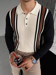 New Men's Color-Block Premium Striped Polo Collar Long Sleeve Top - Black - View 2