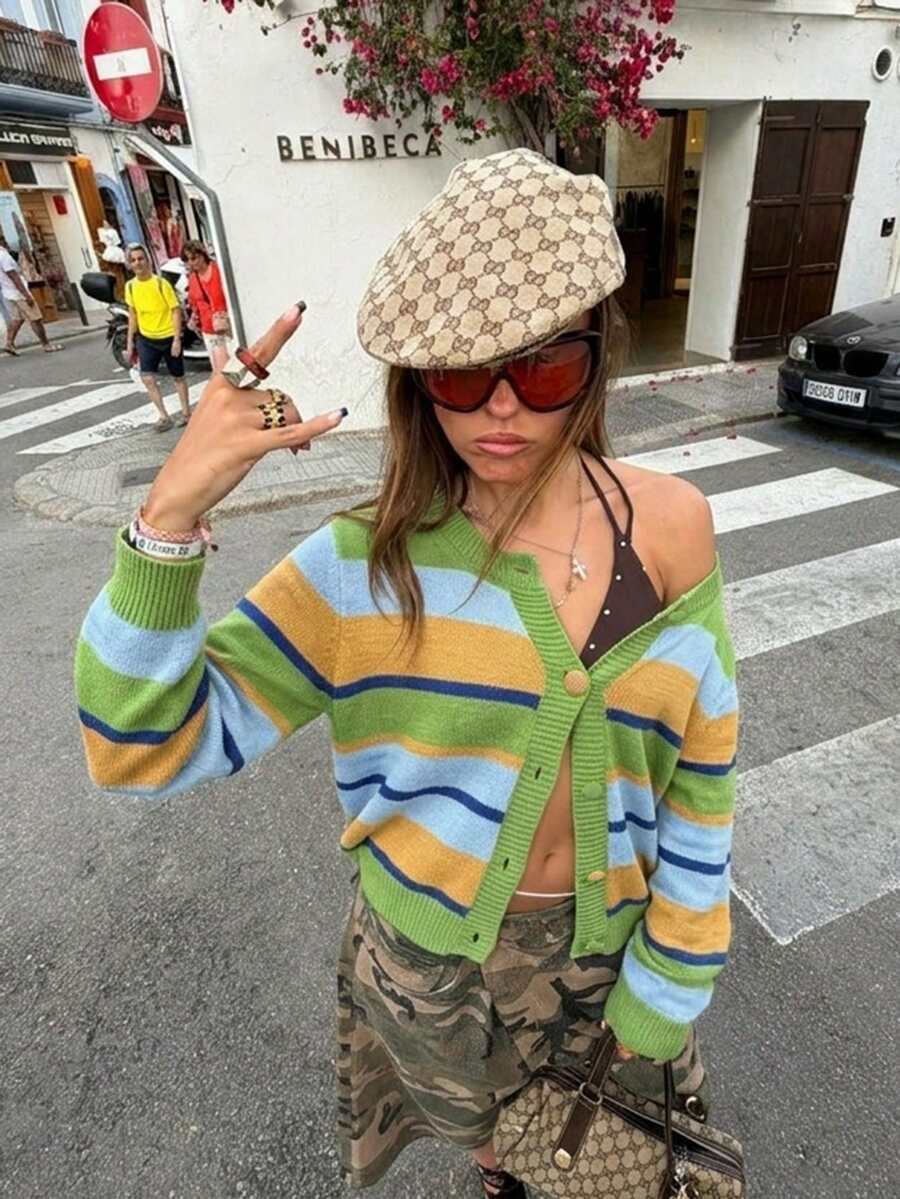 Cardigan Kancing Depan Bergaris Warna-warni Bergaya Prancis yang Elegan dan Intelektual untuk Wanita, Cocok untuk Pemakaian Sehari-hari, Kencan, dan Lainnya. - MultiWarna - View 1
