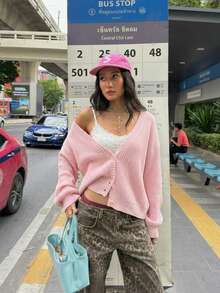 Women's Pink Front-Opening Knit Cardigan, Long Sleeve Loose Fit, Comfortable Casual, Suitable For Autumn/Winter - Pink - View 1