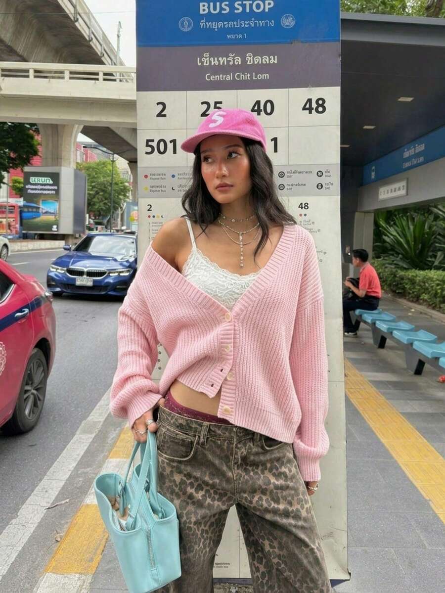 Women's Pink Front-Opening Knit Cardigan, Long Sleeve Loose Fit, Comfortable Casual, Suitable For Autumn/Winter - Pink - View 1