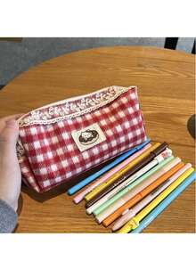 Hasbro Sanrio Hello Kitty Red Plaid Minimalist Pencil Case, Embroidered Cat Pattern + Classic Print, Large Capacity Storage Space, Student Stationery Supplies With Accessories - Multicolor - View 12