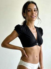Fashionable Women's Black Cropped Knit Top, Deep V-Neck Short Sleeve Design, Create A Stunning Look Summer - Black - View 8