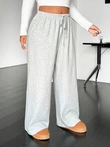 Xana Plus Size Casual Drawstring Waist Loose Straight Leg Knit Pants Fall - Light Grey - View 5