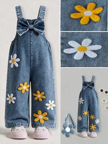 1pc Baby Girl Fresh Mori Style Daisy Applique Bow Design Washed Adjustable Strap Denim Romper Spring Autumn - Blue - View 2