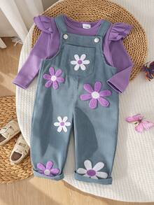 2pcs Baby Girl Cute Casual Ribbed Top & Towel Embroidery Corduroy Overalls Set, Thin Spring/Autumn - Purple - View 1