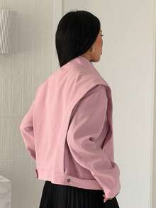 Women Asymmetric Collar Oversized Short Jacket Decor Button Drop Shoulder Loose Fit Solid Pink Outerwear Fall Streetwear Coat - Pink - View 4