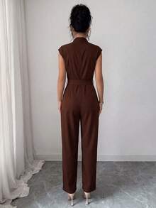 LUNNELUX Women Fall Brown Sleeveless Stand Collar Jumpsuit, Decor Button Belted Wide Leg Cropped Jumpsuit With Pockets, Halloween Daily Outfit - Brown - View 2