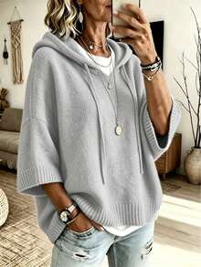 Women's Solid Color Drop Shoulder Drawstring Hooded Loose Sweater - Light Grey - View 1