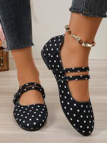Women's Black Flat Mary Jane Shoes, Spring/Autumn New Style, Versatile Low-Top Buckle Strap Polka Dot Ballet Flats - Black - View 3