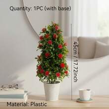 1PC Artificial Christmas Tree Potted Plant With Red Flowers, 17.7 Inch Artificial Evergreen Shaped Tree With White Pot, Holiday Home Indoor Desktop Decor Artificial Greenery - Red Green - View 9