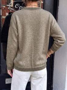 Women's Casual Spring/Autumn , Knit Round Neck Contrast Color Loose Versatile Sweater, Suitable For Commuting And Dating - Khaki - View 9