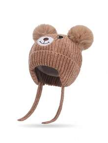 1pc Baby Ear Flap Buckle Design, Cartoon Bear Pom-Pom, Warm And Stylish Ribbed Winter Knitted Hat For Infants. - Multicolor - View 6