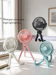 AOYI 1 pieza Ventilador de escritorio minimalista recargable y ajustable de 3 velocidades, silencioso, portátil para exteriores, cochecito, con luz LED y cable de carga - Doble uso: clip/escritorio - Ver 2