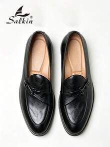 Salkin 男士復古設計一腳蹬樂福鞋，平價奢華優雅紳士社交正式鞋，手工縫線，適合中年、年輕、學生返校、畢業典禮、大學風休閒鞋，辦公商務通勤鞋，派對宴會婚禮新郎鞋，西裝穿搭，節日禮物，春夏秋季，大尺碼男鞋，請選擇大一號 - 黑色 - 查看 12