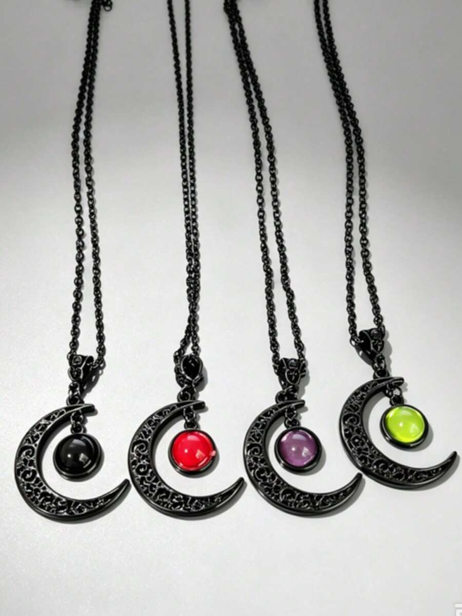 QTHOPE 4pcs Gothic Punk Style Black Lace Purple Crescent Moon Necklace Set - Moon - View 1