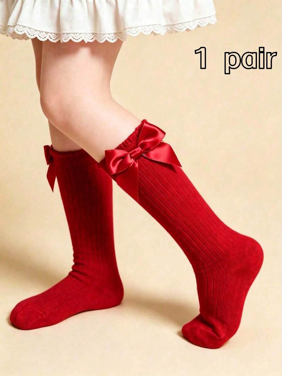 1 Pair Girls' Toddler Bow Knot Solid Color High Tube Socks, School Style Long Socks - Red - View 1