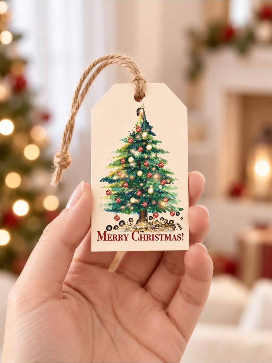 1 Set 48pcs/1pc - Christmas Holiday Gift Tags With Jute Rope - Green Background, Perfect For Holiday Packaging Cards, Seasonal Greetings And Holiday Decorations, Gift Wrapping Supplies Cards - Christmas Tree Style 2 - View 1