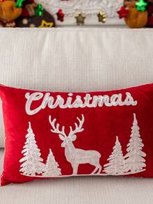 1pc 3D Embroidered Velvet Deer & Tree Pillow Case, Without Pillow Insert, Christmas Theme, All-Season Decorative Cushion Cover, Suitable For Living Room, Bedroom, Machine Washable - Red Cloth Reindeer With Tree - View 5