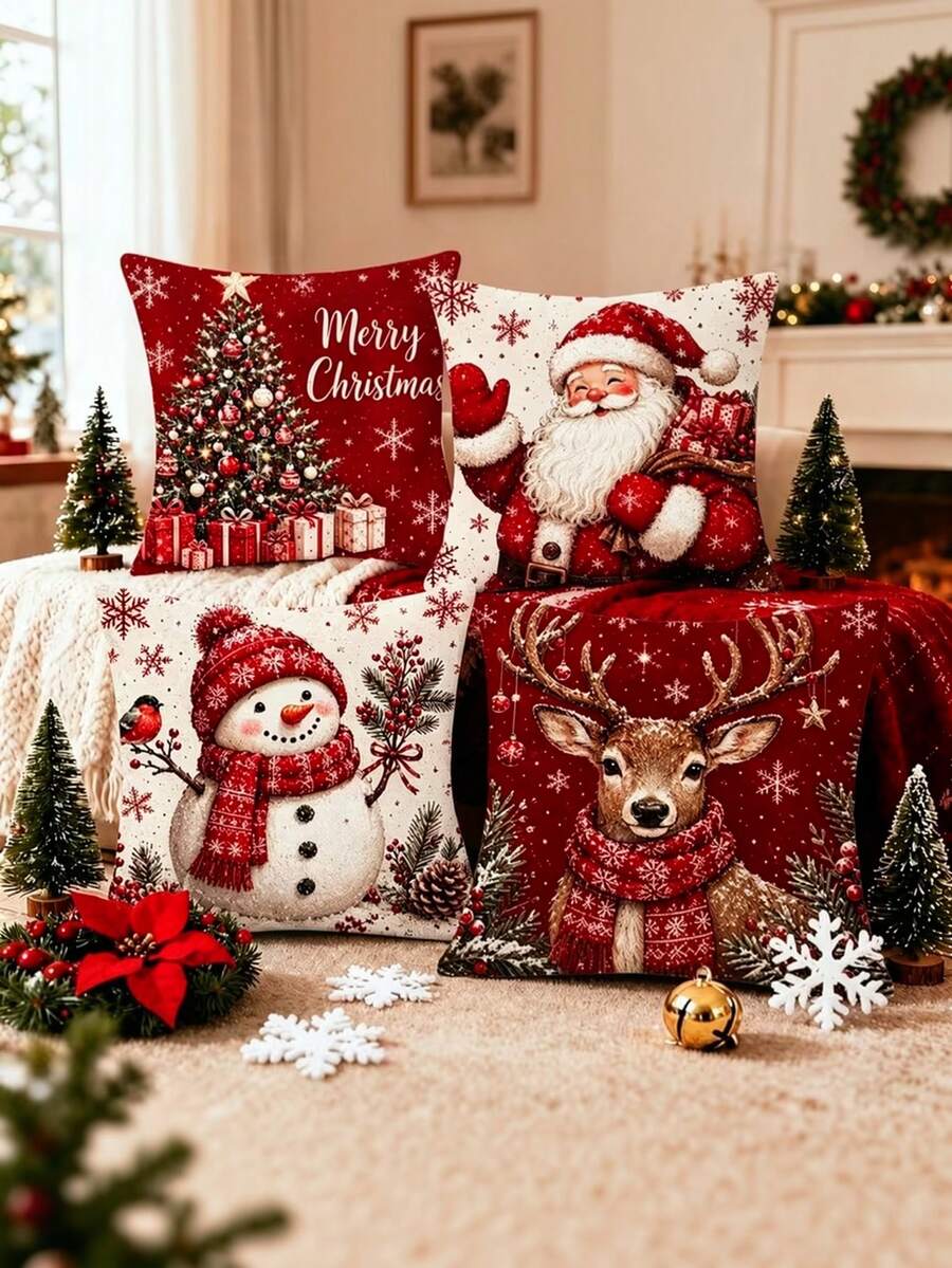 4pcs Christmas Decoration Pillowcases, Santa Claus, Snowman, Reindeer, And Christmas Tree Pattern Printed Pillow Covers, Festive Red Tone Style, Zipper Closure Square Cushion Covers, Gifts For Family, Friends, And Partners, Available In Multiple - Red - View 1