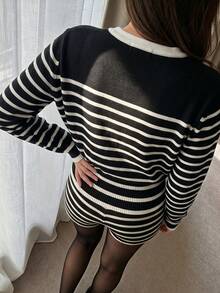Fall/Winter Elegant Striped Cardigan, Going Out To Business, Waist-Cinching Knit Cardigan Top - Black and White - View 3