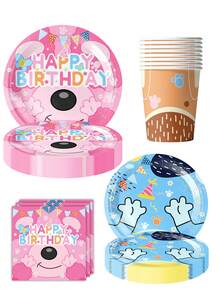 50pcs Pink & Blue Monster Theme Tableware Set, Includes Printed Plates, Cups And Napkins, Suitable For Children's Monster Theme Birthday Party And Cartoon Party - Multicolor - View 1