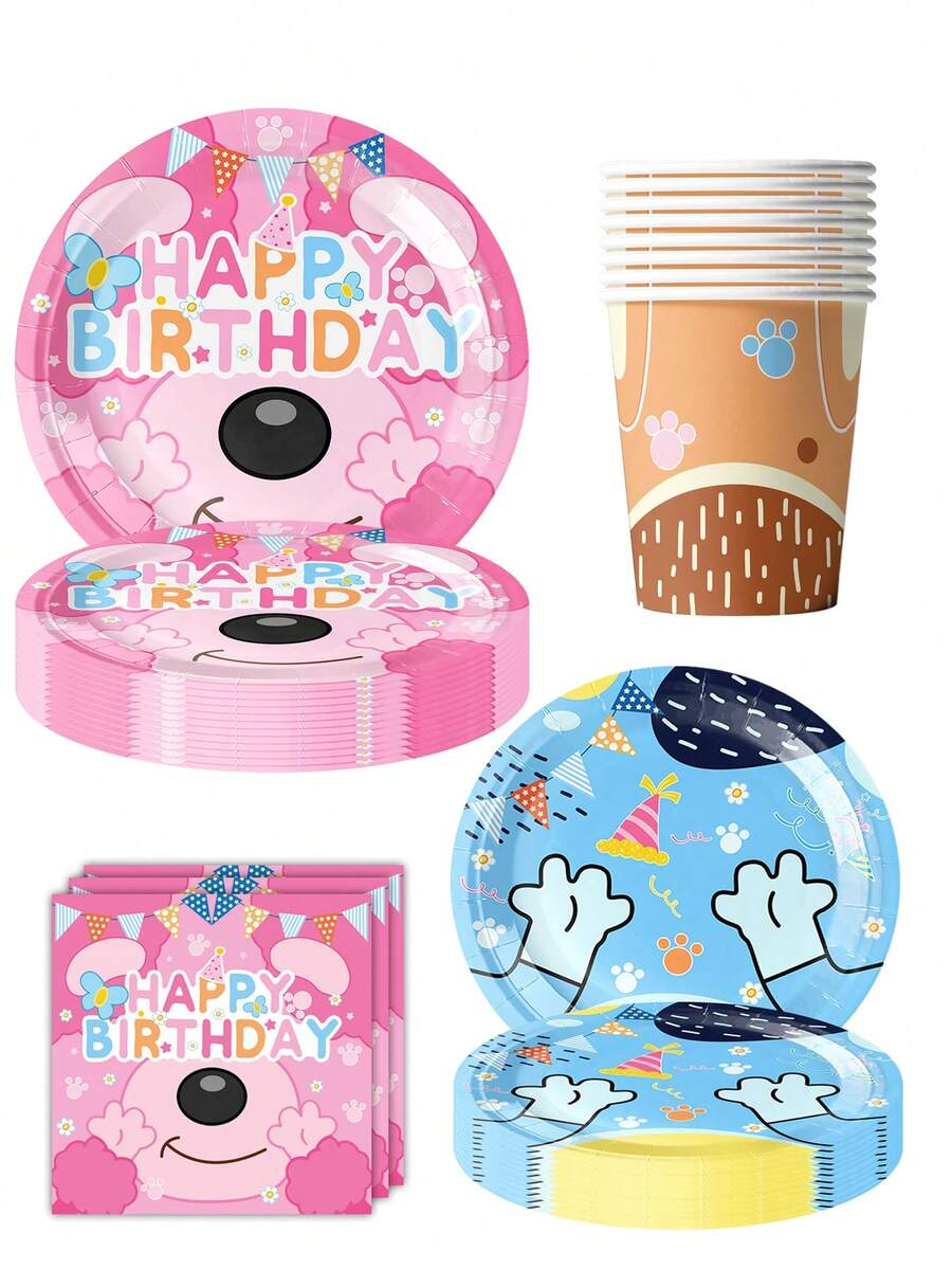 50pcs Pink & Blue Monster Theme Tableware Set, Includes Printed Plates, Cups And Napkins, Suitable For Children's Monster Theme Birthday Party And Cartoon Party - Multicolor - View 1