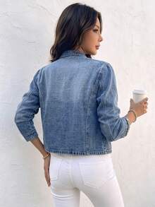 Women's Casual Vintage Mid-Blue Washed Multi-Pocket Button-Up Denim Jacket - Medium Wash - View 2