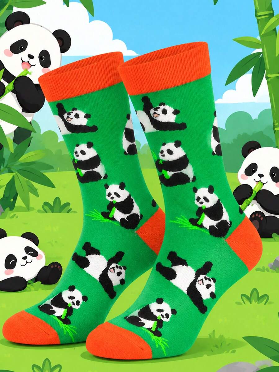 1/3/5 Pares de Meias Crew Engraçadas com Estampa Gráfica para Homens, Halloween, Natal, Outono e Inverno, Padrão de Panda de Bambu Fofo em Desenho Animado, Macias e Respiráveis, Presente para Homens e Mulheres - Multicolorido - Visão 1